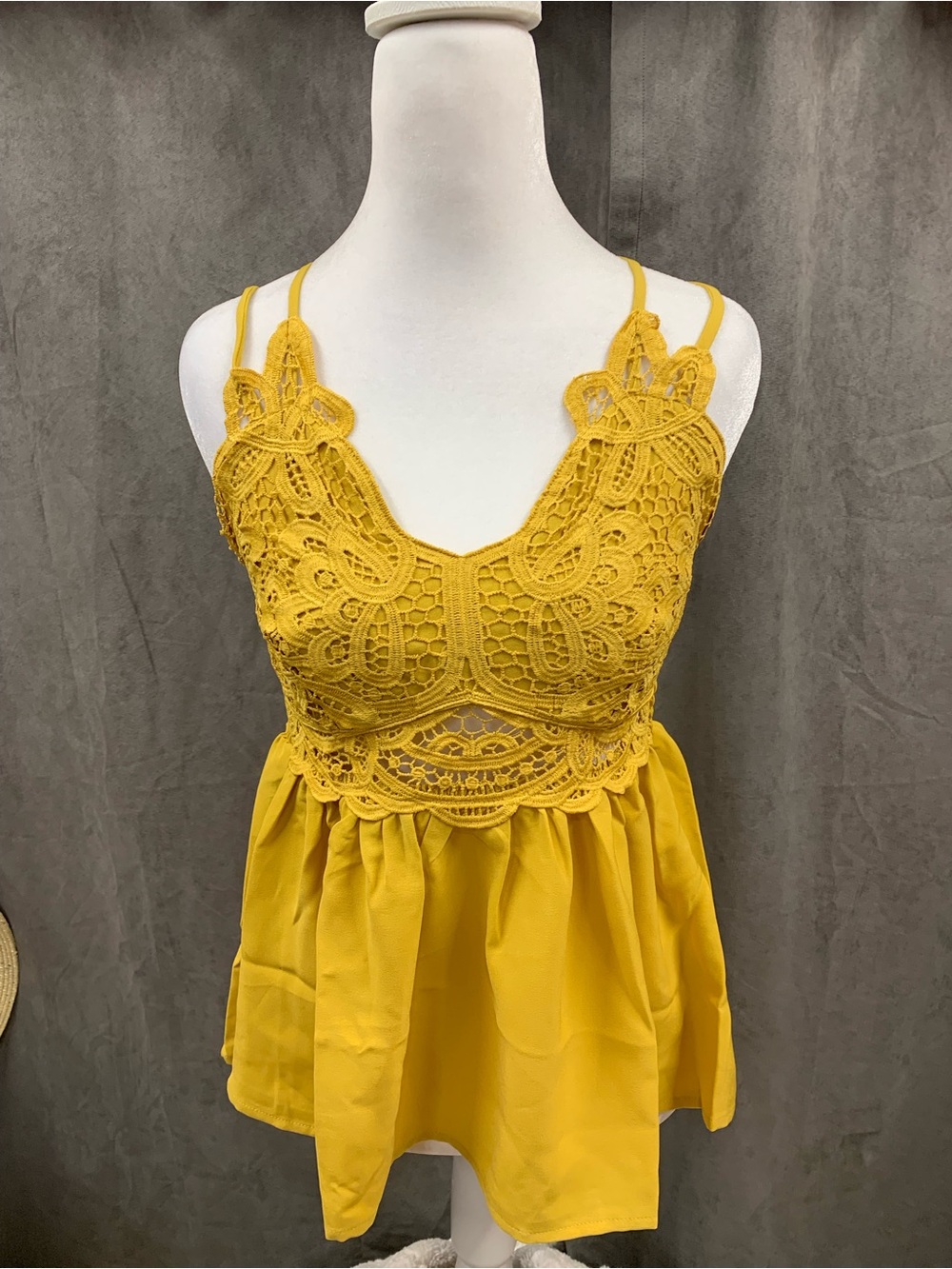 Main Strip Mustard Yellow Crochet Lace Camisole